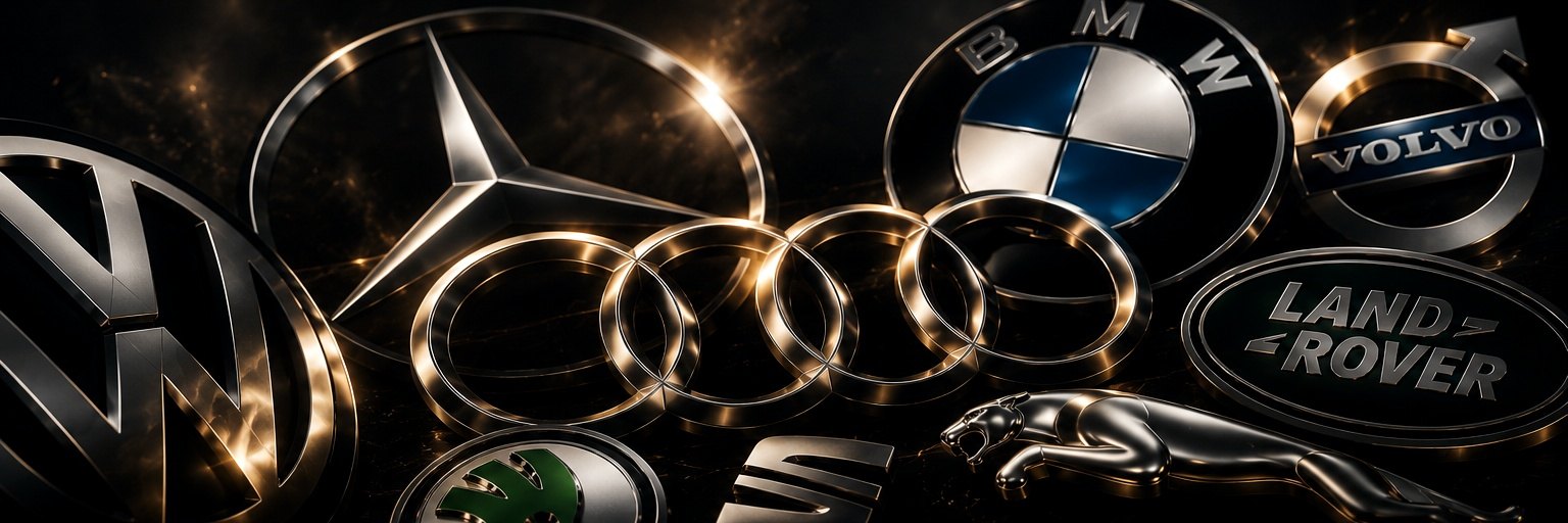 LEYO'nun hizmet verdiği otomotiv markalarını temsil eden premium metal amblem kompozisyonu